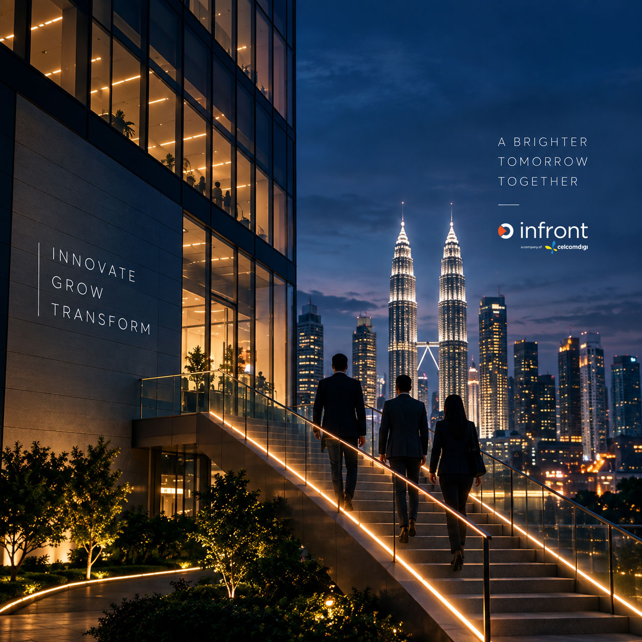 Three colleagues climbing a lit staircase beside an office tower at dusk, the Kuala Lumpur skyline and Petronas Towers ahead, with the lines "Innovate, Grow, Transform" and "A Brighter Tomorrow Together".