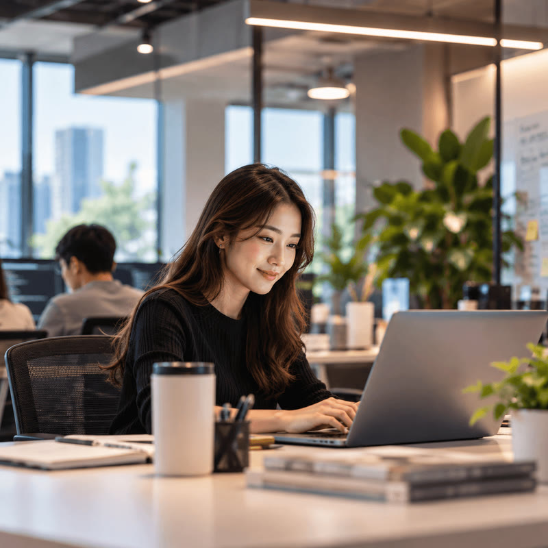 A woman smiling as she works on a laptop at a desk in a bright, plant-filled office.