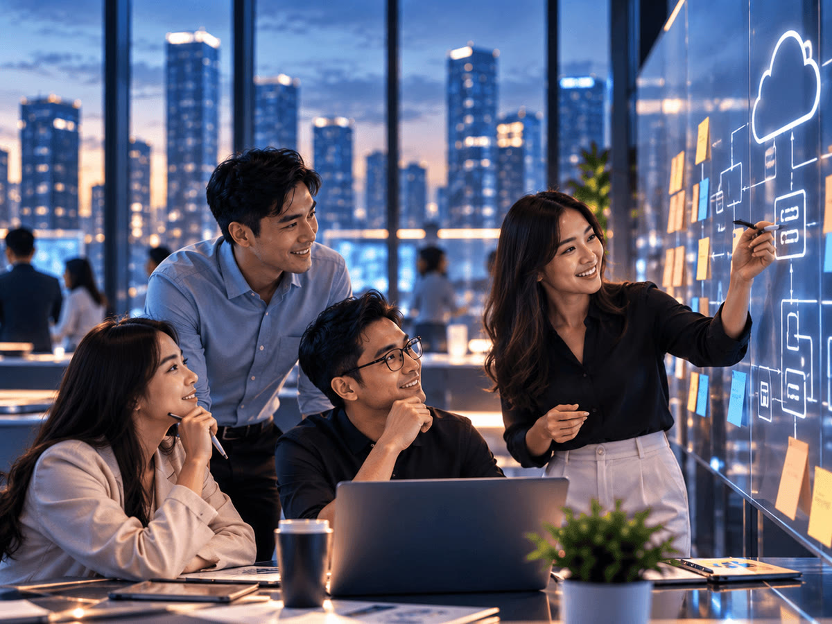 Four colleagues around a laptop in an office at dusk, one pointing to a cloud architecture diagram on a glass wall.