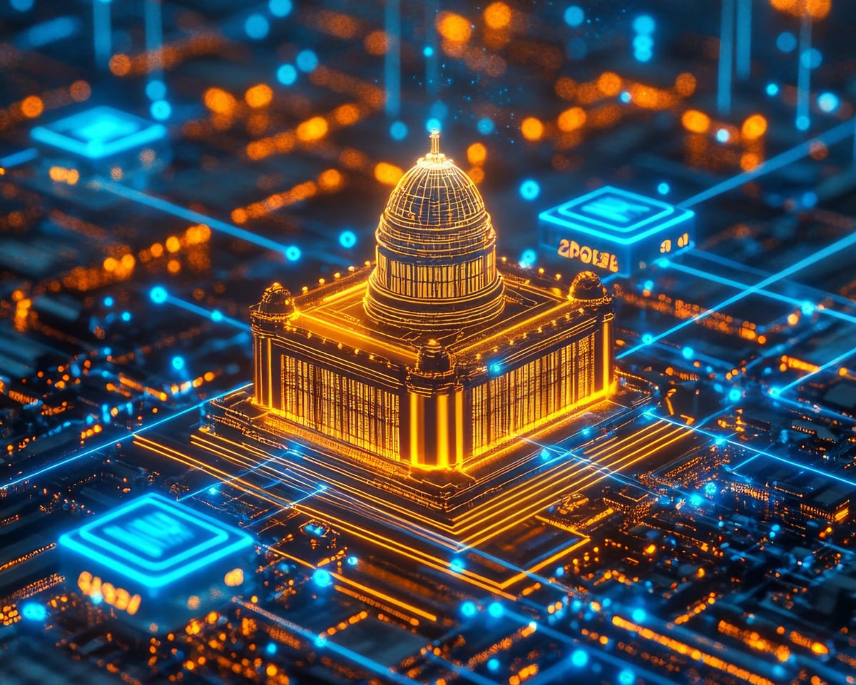 An isometric illustration of a domed civic building rendered in glowing gold circuitry, standing on a vast blue circuit board.