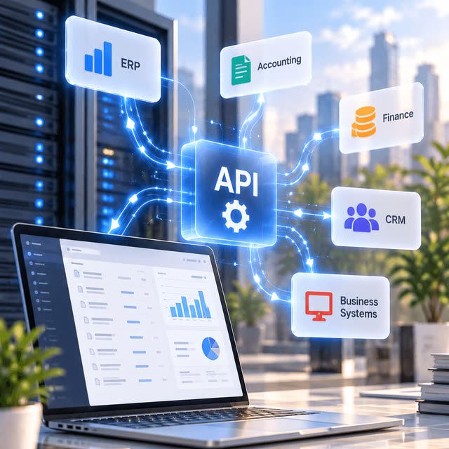 An API hub linking ERP, accounting, finance, CRM and business systems above a laptop dashboard.