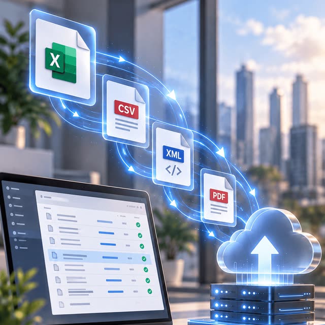 Excel, CSV, XML and PDF files flowing into a cloud upload beside a laptop file list.
