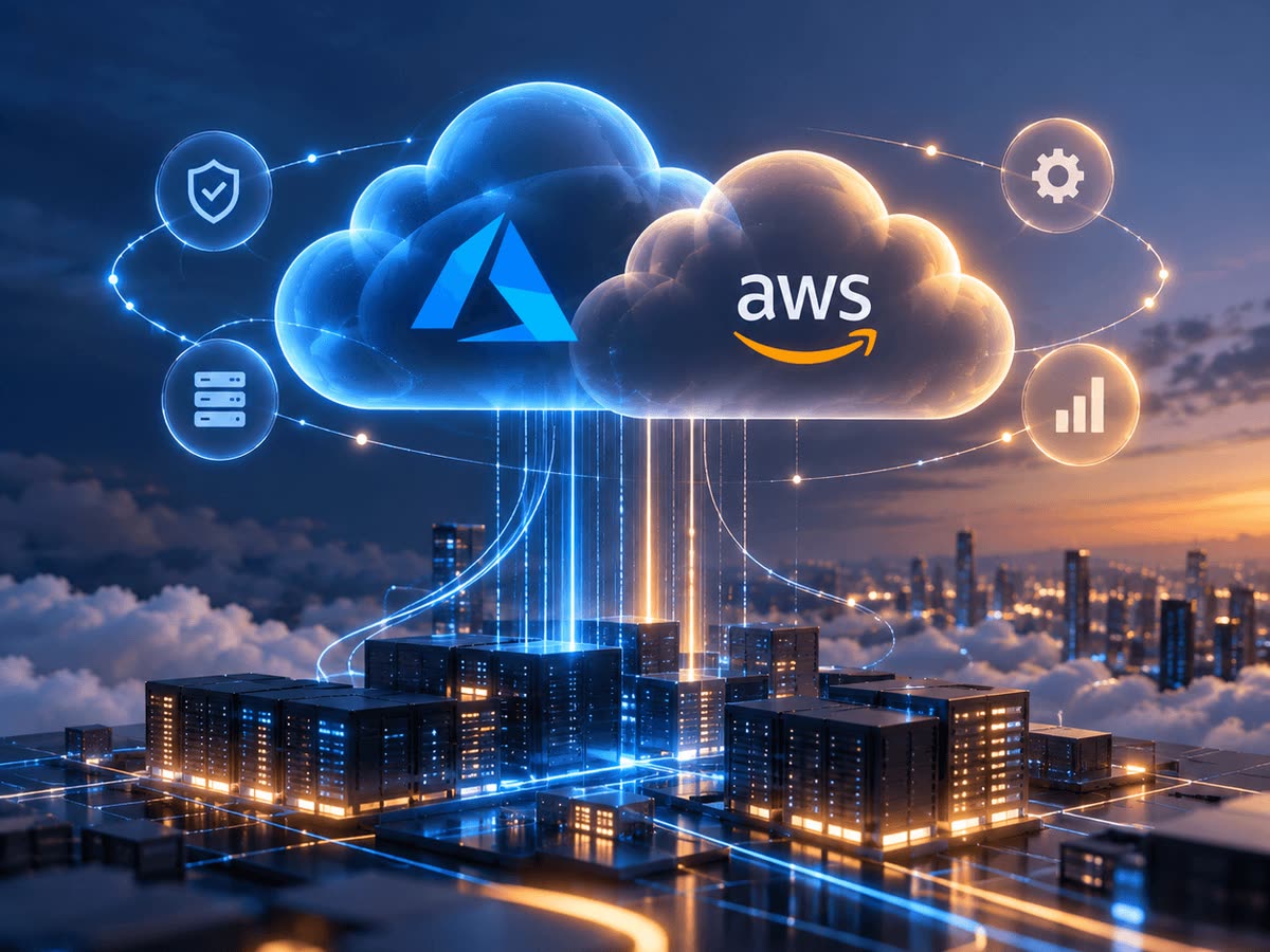 Azure and AWS clouds linked to a glowing data-centre city at dusk, ringed by security, storage, settings and analytics icons.