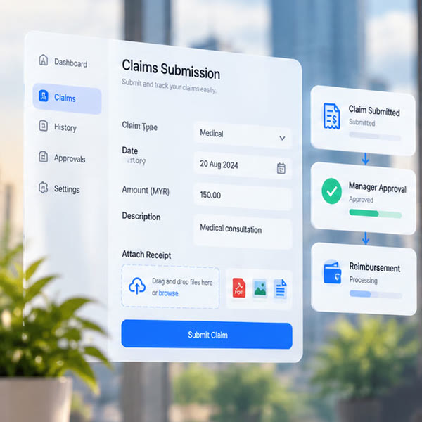 A claims submission form with receipt upload, beside claim submitted, manager approval and reimbursement cards.