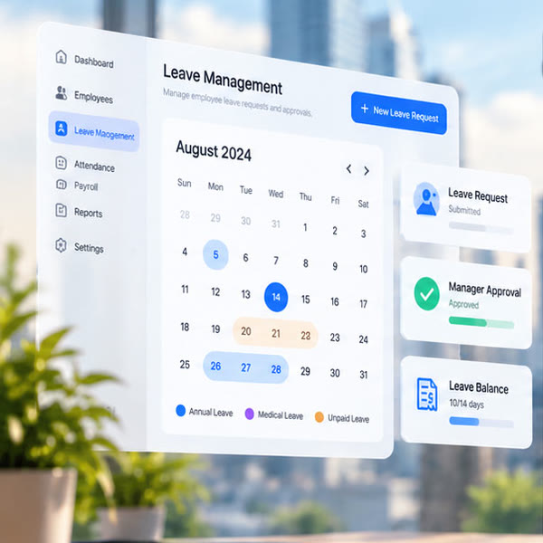 A leave management calendar floating before an office window, beside leave request, manager approval and leave balance cards.