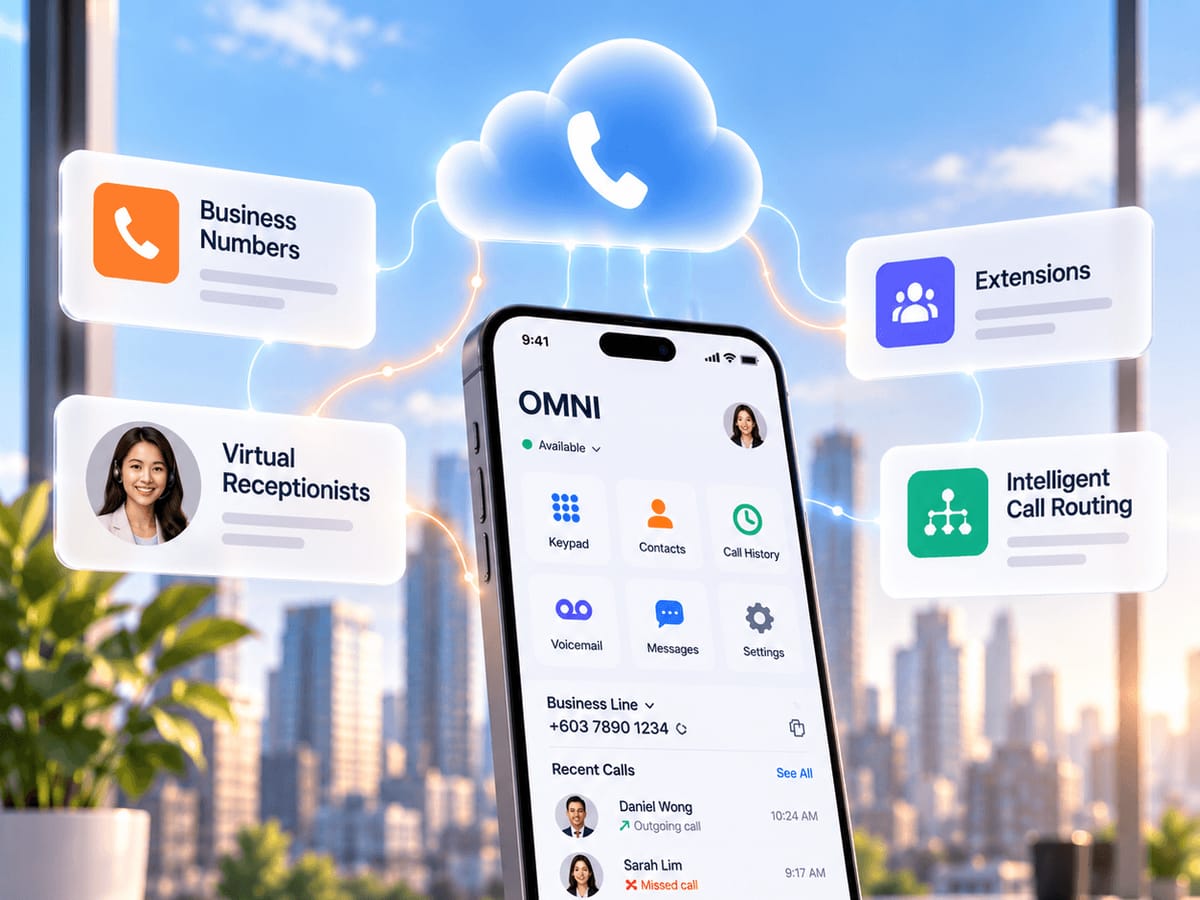 The OMNI app on a smartphone showing a business line and recent calls, linked to business numbers, extensions and call routing.