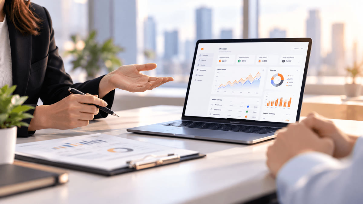A consultant gesturing across a desk to a client, beside a laptop showing an analytics overview and a clipboard of charts.