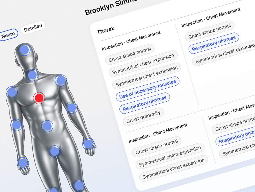 A patient body map beside a thorax inspection panel listing chest movement findings.