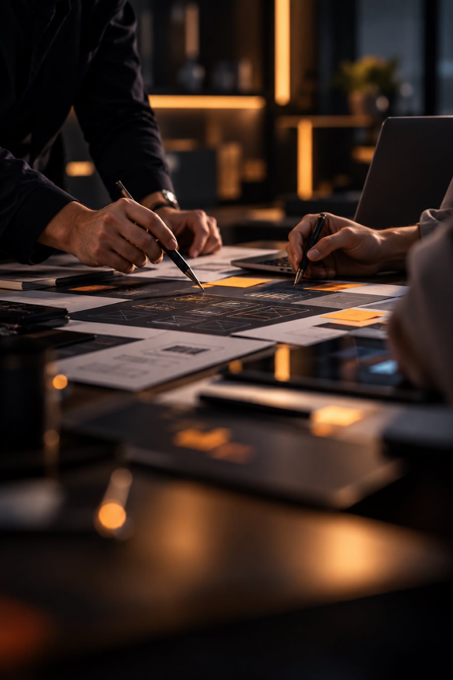 Two people marking up wireframes and sticky notes across a desk in a dimly lit office.
