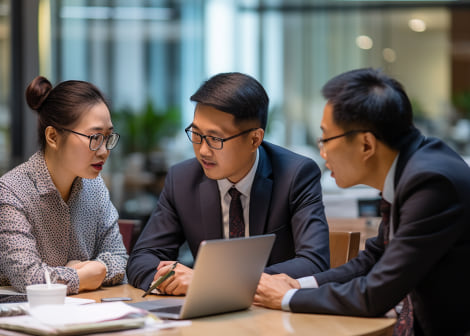 Three colleagues in business dress reviewing a laptop together at a meeting table.
