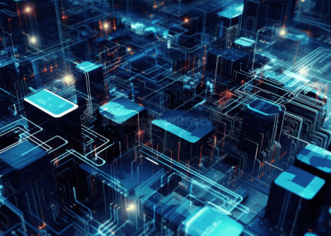 An abstract city of glowing blue data blocks linked by circuit lines.