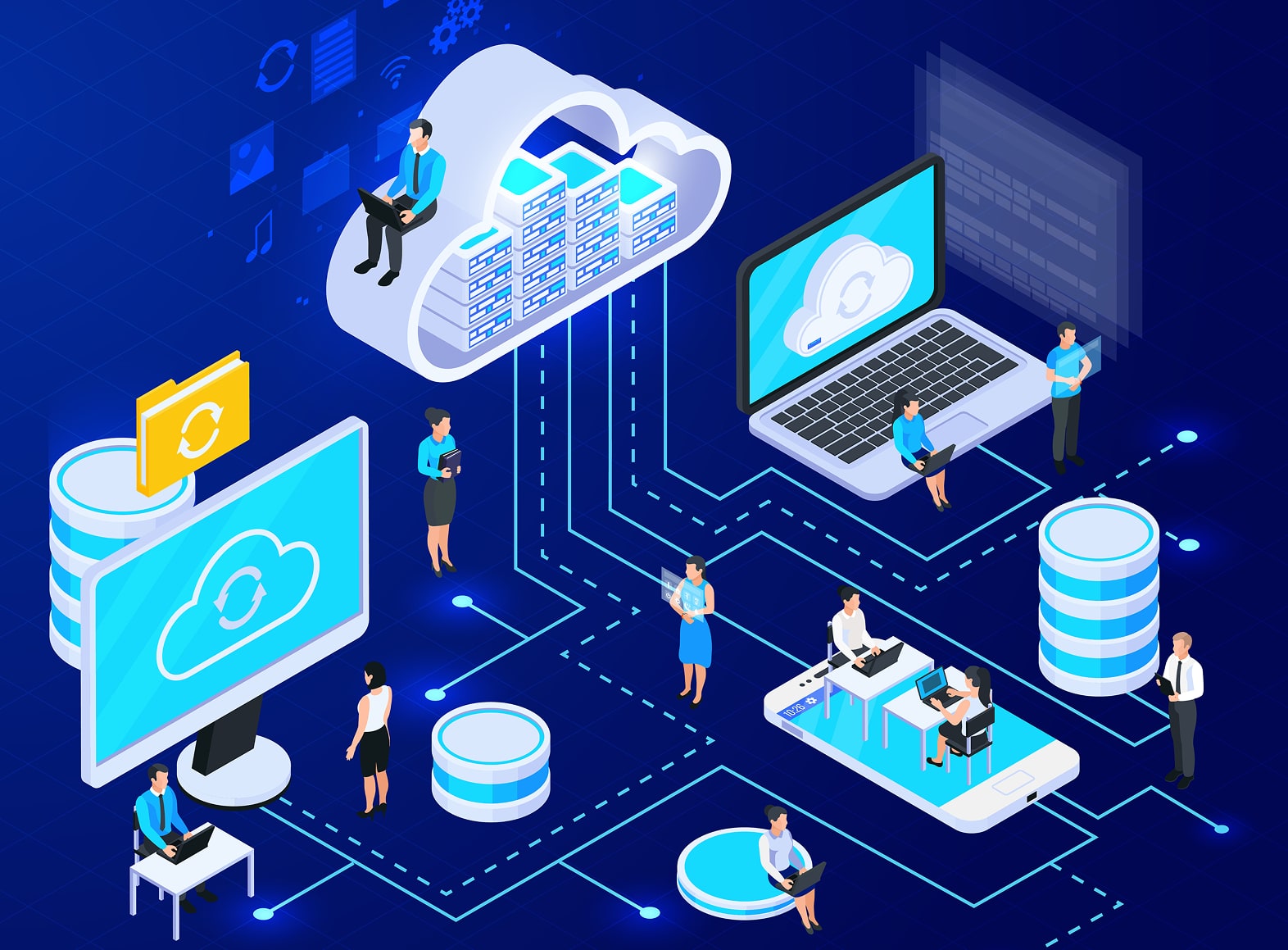 An isometric illustration of a cloud platform: a server cloud at the top wired down to laptops, databases, dashboards and the people working at them.
