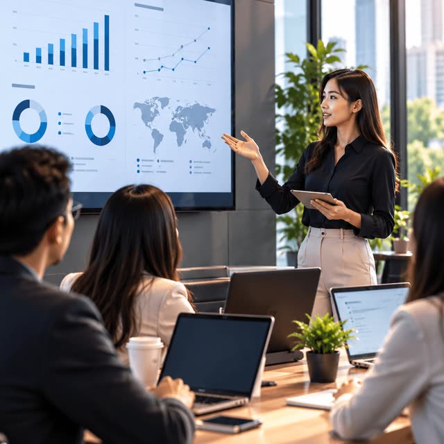 A colleague presenting charts on a screen to her team.