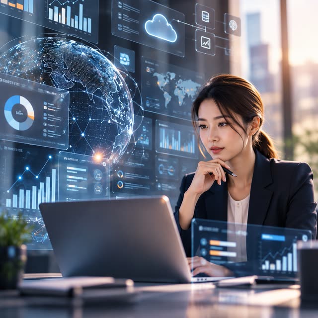 A woman at a laptop surrounded by projected data panels.