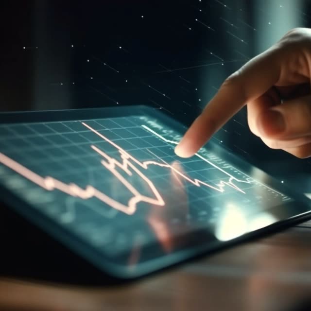 A finger tracing a rising line chart on a touchscreen.