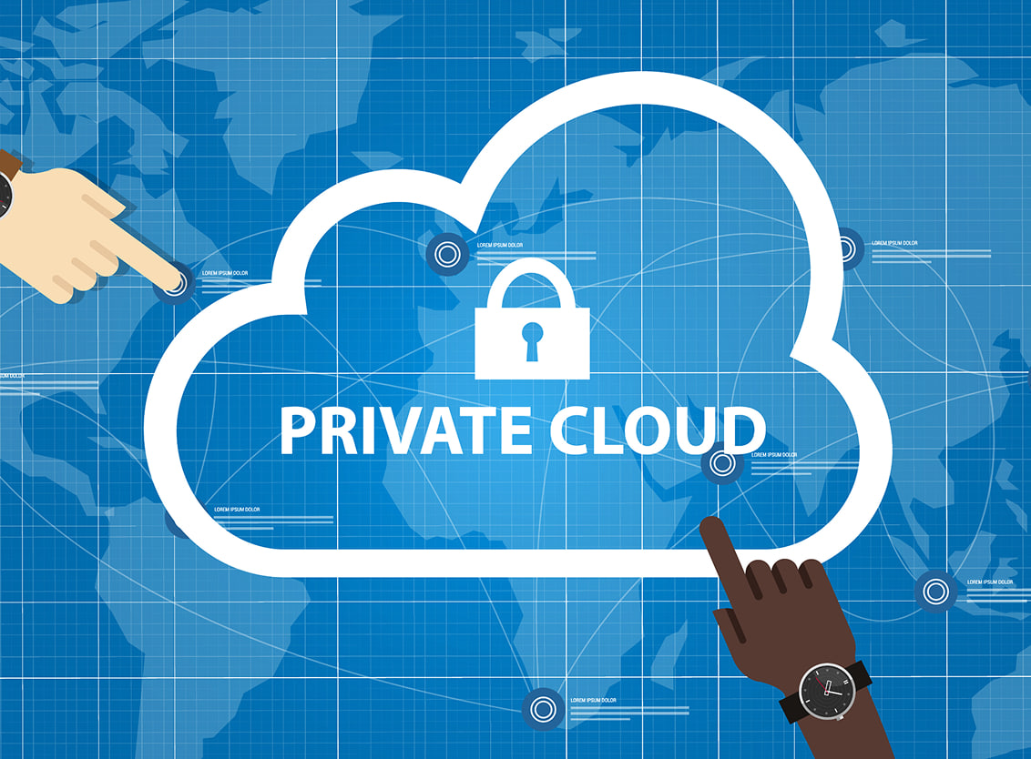 A private cloud drawn over a world map, padlocked, with hands reaching towards it from either side.