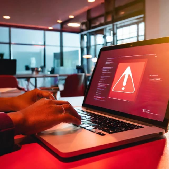 A laptop showing a red warning triangle in a lit office.