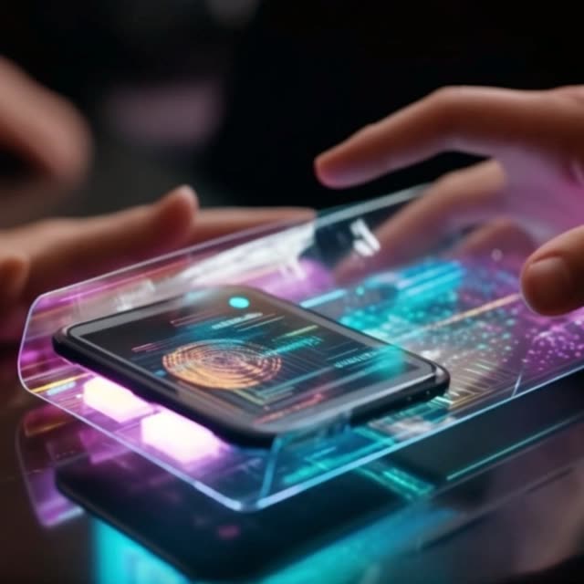 Hands over a device projecting a glowing fingerprint scan.