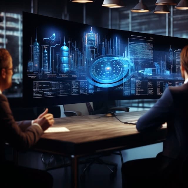 Two people at a table facing a wide screen of blue monitoring panels.