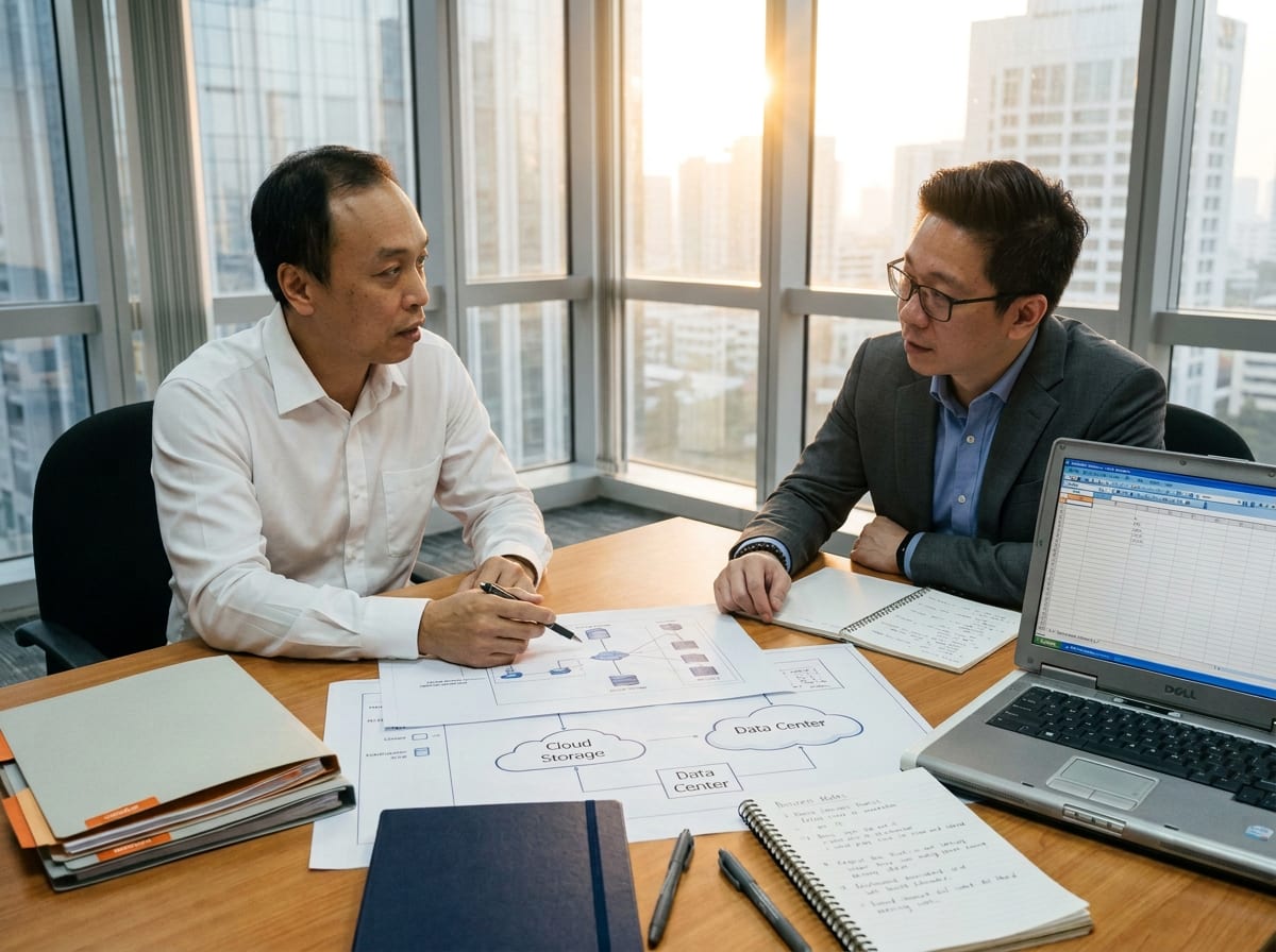 Two colleagues at a meeting table working through a printed cloud and data centre diagram, an early laptop open beside them