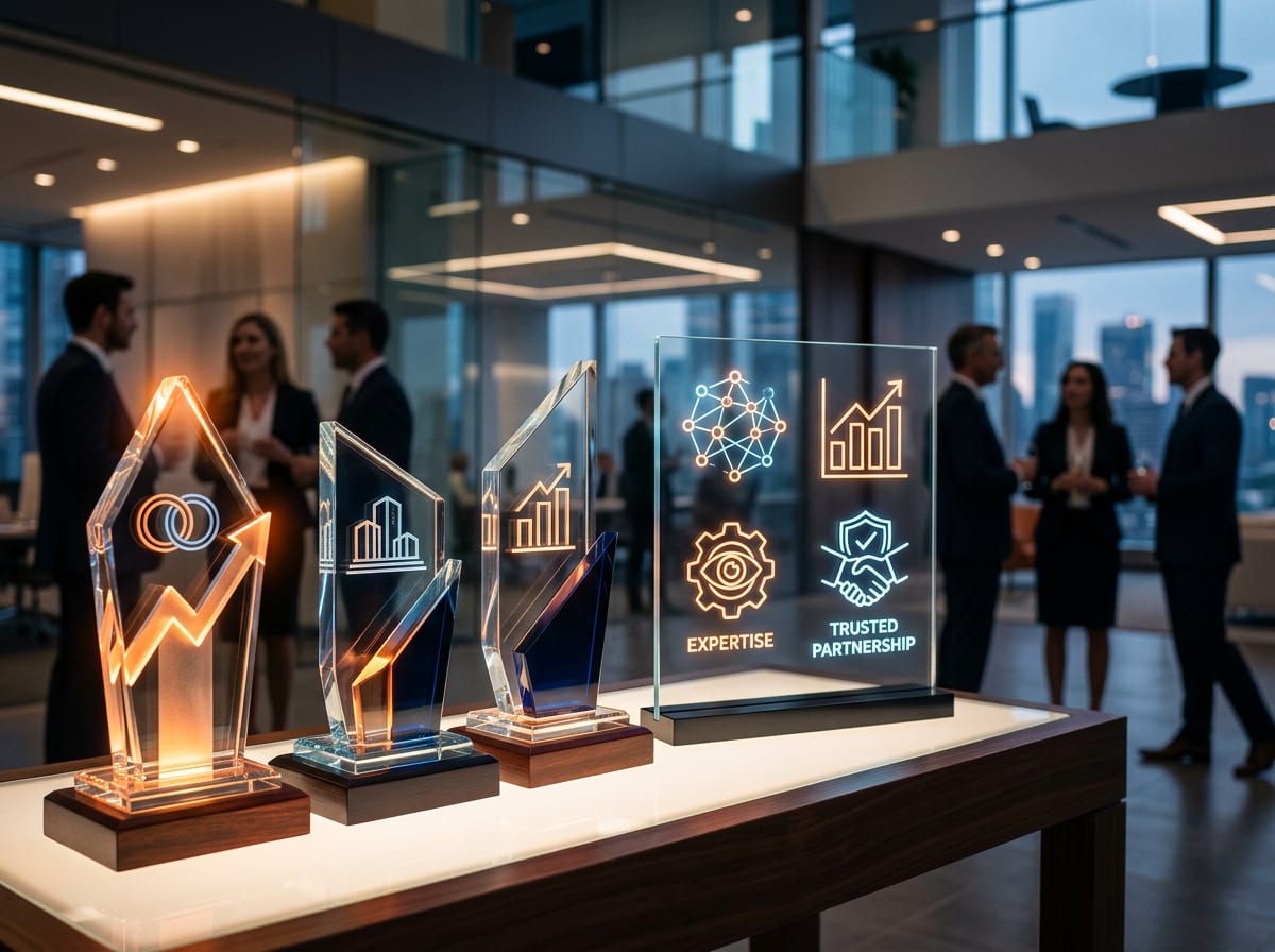 A row of glass awards lit on a display table in an office, guests talking in the background