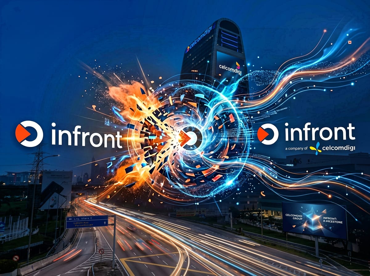 The Infront mark becoming “Infront, a company of CelcomDigi”, over a CelcomDigi tower and a highway at dusk