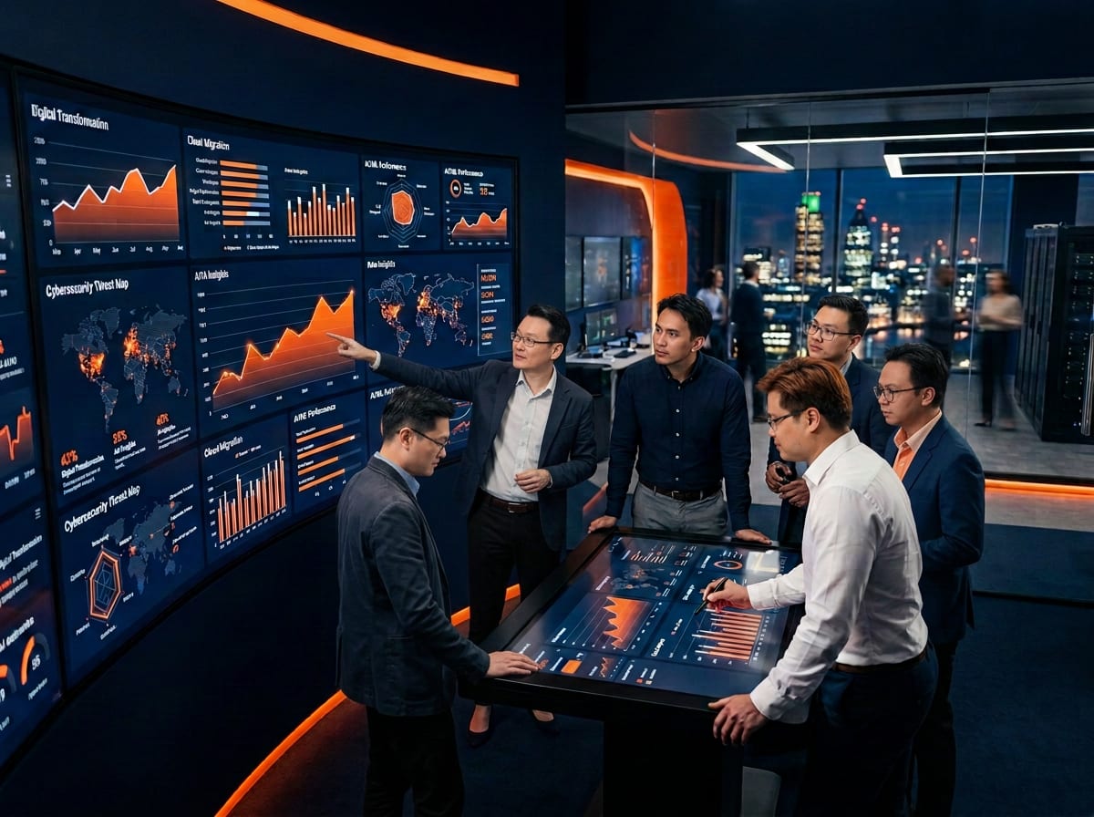 A team around a touch table in an operations room, a curved wall of dashboards behind them