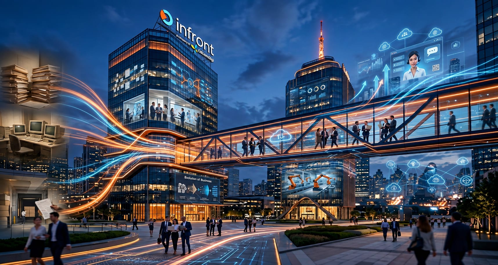Infront’s story in one view: early desktop computers and paper records on the left giving way to an illuminated campus at dusk, where streams of light carry cloud, data and AI between the buildings and the people crossing them.