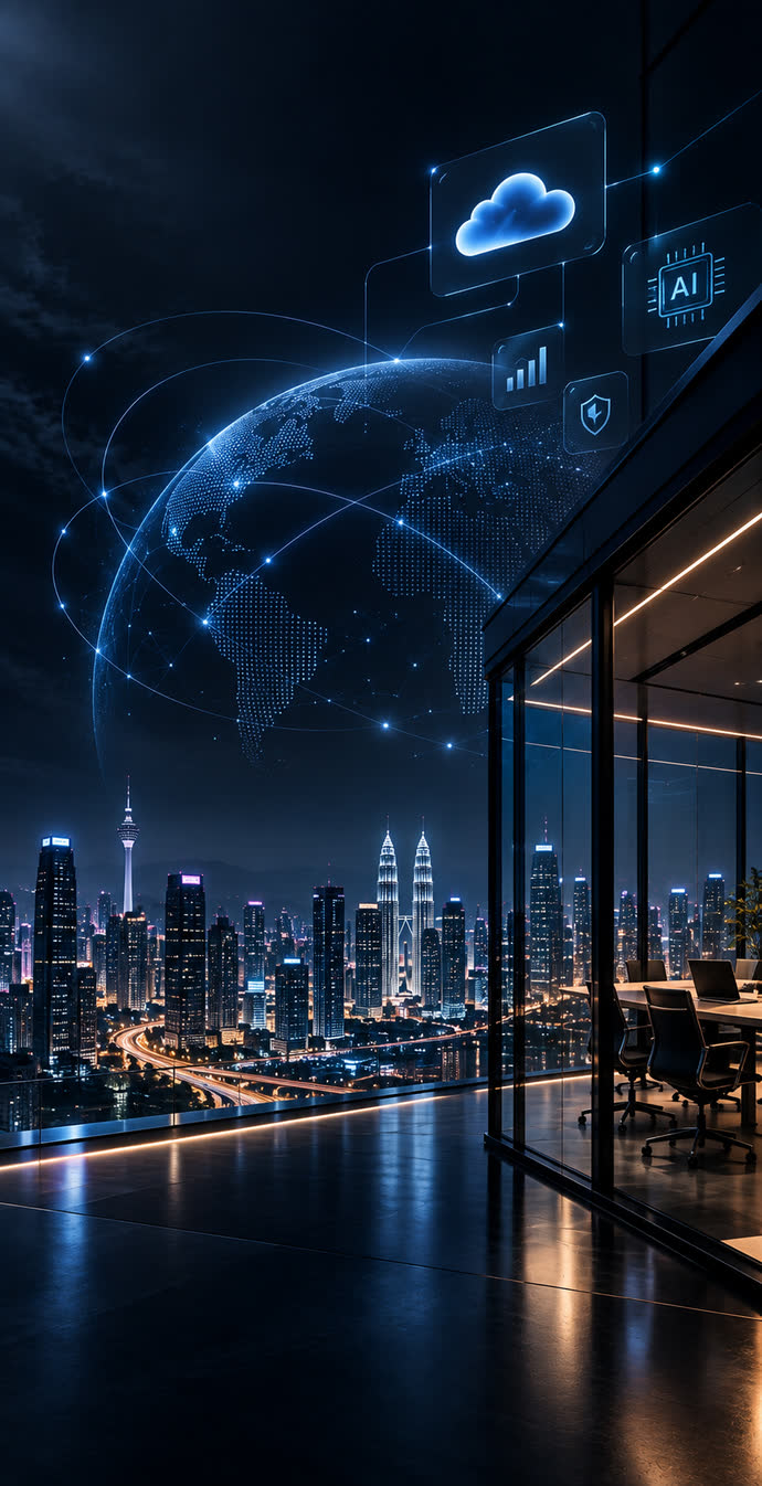 Why choose Infront — Kuala Lumpur skyline at night with a connected-globe overlay, seen from a boardroom